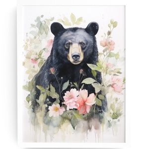Watercolor Floral Black Bear Portrait Wall Art Illustration Print Unframed